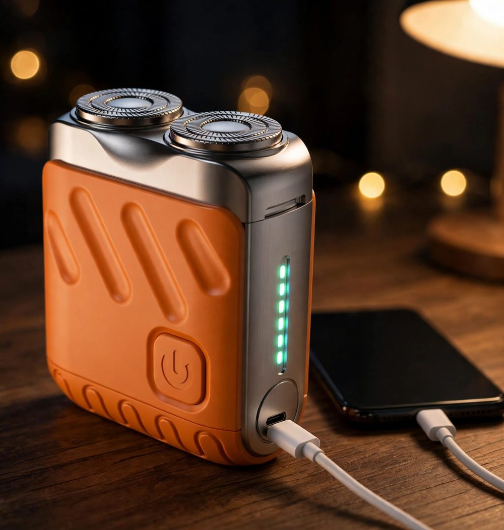 ماكينة الحلاقة تُشحن بكابل USB-C بجانب الهاتف